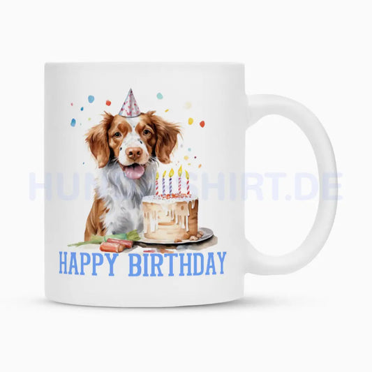 Tasse "Brittany Spaniel - Happy Birthday" Weiß – hunde-shirt.de