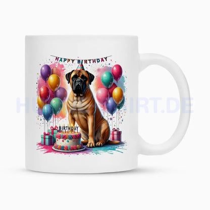 Tasse "Bullmastiff - Happy Birthday" Weiß – hunde-shirt.de