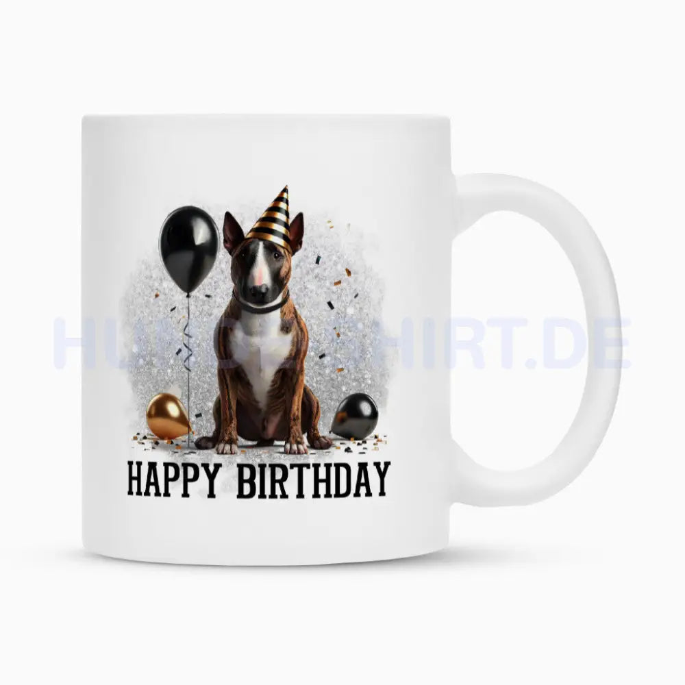 Tasse "Bullterrier ( braun ) - Happy Birthday" Weiß – hunde-shirt.de