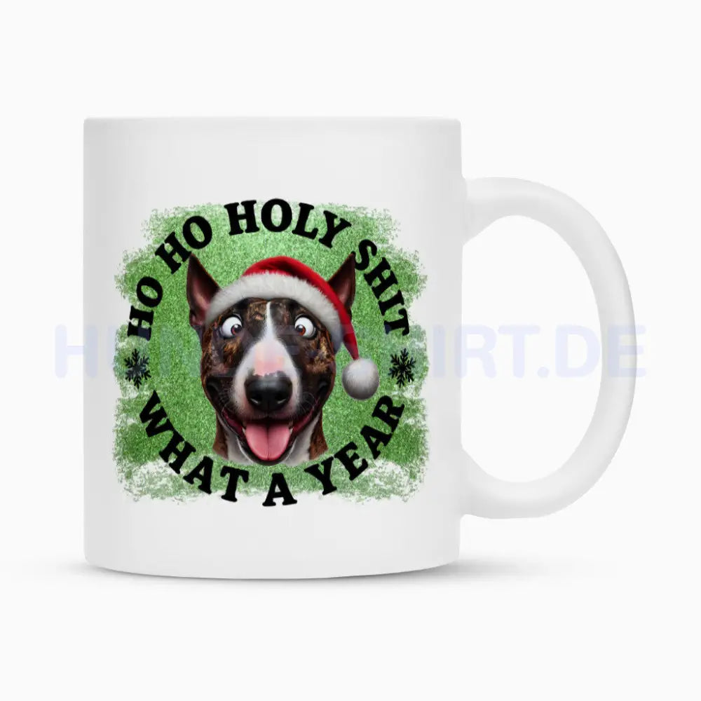 Tasse "Bullterrier ( braun ) - HO HO..." Weiß – hunde-shirt.de