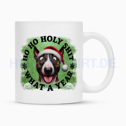 Tasse "Bullterrier ( braun ) - HO HO..." Weiß – hunde-shirt.de