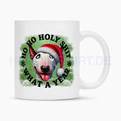 Tasse "Bullterrier - HO HO..." Weiß – hunde-shirt.de