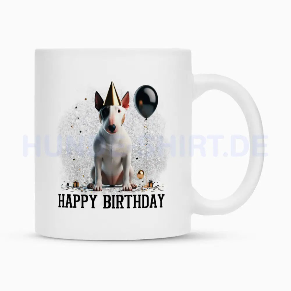 Tasse "Bullterrier ( weiß ) - Happy Birthday" Weiß – hunde-shirt.de