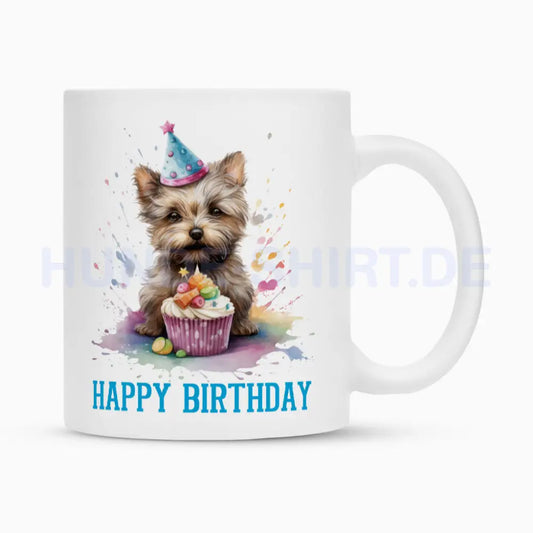 Tasse "Cairn Terrier - Happy Birthday blue" Weiß – hunde-shirt.de