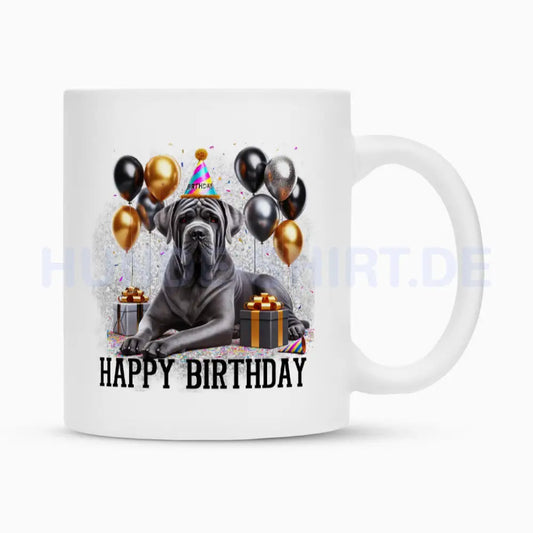 Tasse "Cane Corso ( grau ) - Happy Birthday" Weiß – hunde-shirt.de