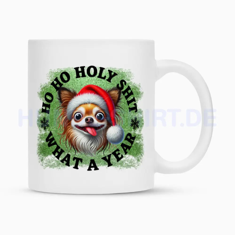 Tasse "Chihuahua Langhaar - HO HO..." Weiß – hunde-shirt.de