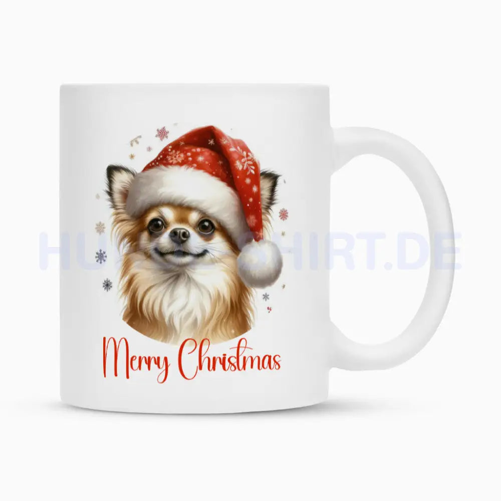 Tasse "Chihuahua ( Langhaar ) - Merry Christmas" Weiß – hunde-shirt.de