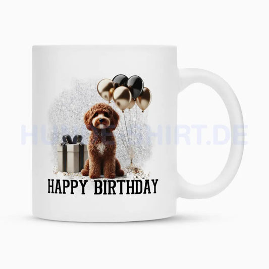 Tasse "Cockapoo ( braun ) - Happy Birthday" Weiß – hunde-shirt.de