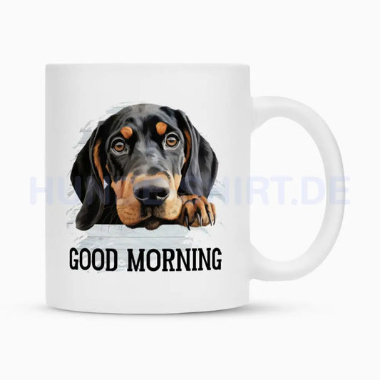 Tasse "Coonhound ( b + t ) - Good Morning" Weiß – hunde-shirt.de