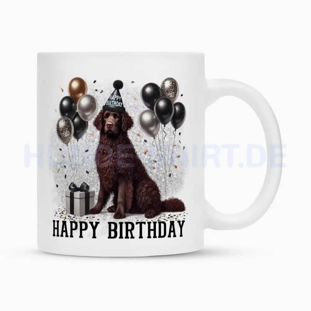 Tasse "Curly Coated ( braun ) - Happy Birthday" Weiß – hunde-shirt.de