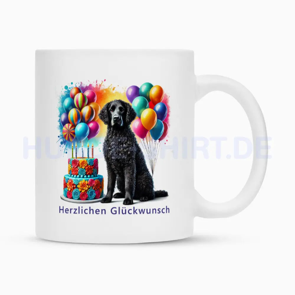 Tasse "Curly Coated - Herzlichen Glückwunsch" Weiß – hunde-shirt.de