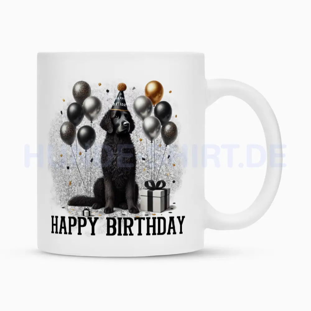 Tasse "Curly Coated ( schwarz ) - Happy Birthday" Weiß – hunde-shirt.de