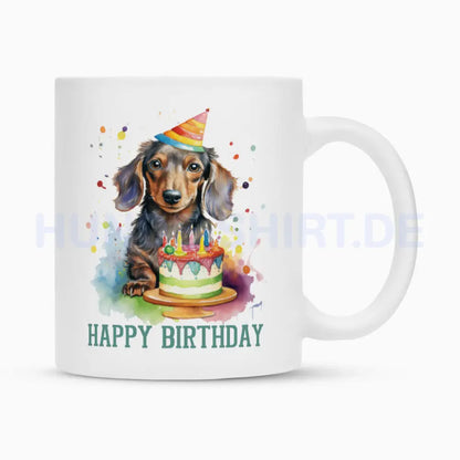 Tasse "Dackel ( Langhaar ) - Happy Birthday" Weiß – hunde-shirt.de