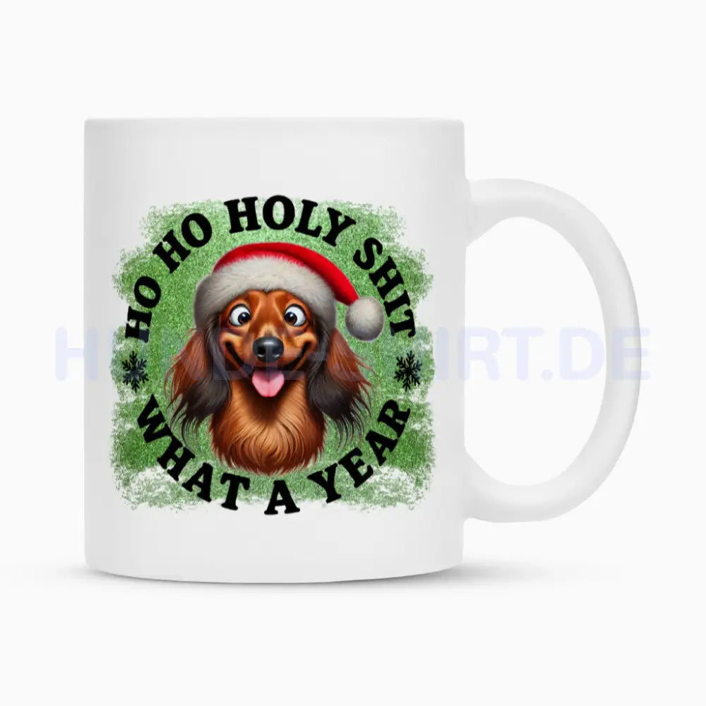 Tasse "Dackel ( Langhaar ) - HO HO..." Weiß – hunde-shirt.de