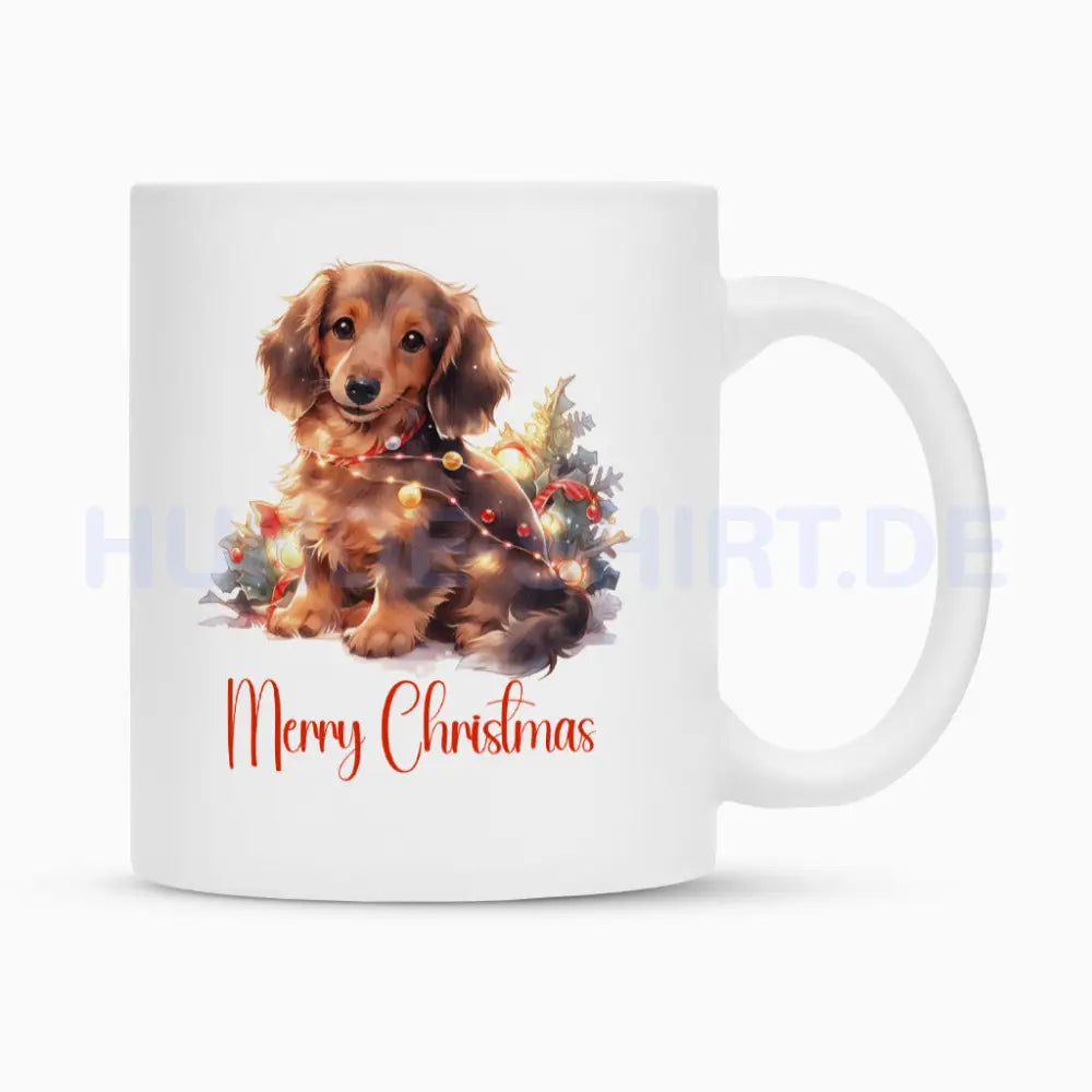 Tasse "Dackel ( Langhaar ) - Merry Christmas" Weiß – hunde-shirt.de