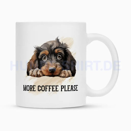 Tasse "Dackel ( Langhaar ) - More Coffee..." Weiß – hunde-shirt.de