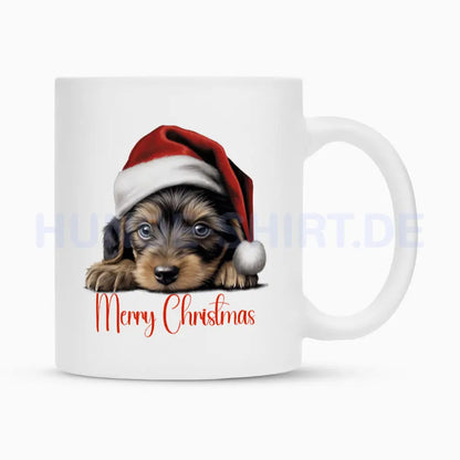 Tasse "Dackel ( Rauhaar ) - Merry Christmas" Weiß – hunde-shirt.de