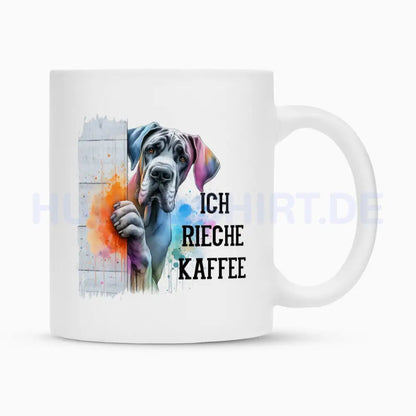 Tasse "Deutsche Dogge - Ich rieche Kaffee 2" Weiß – hunde-shirt.de