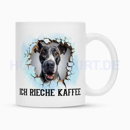 Tasse "Deutsche Dogge - Ich rieche Kaffee" Weiß – hunde-shirt.de