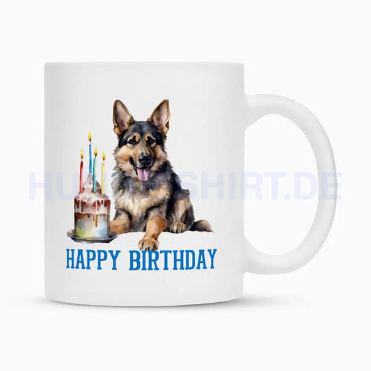 Tasse "Deutscher Schäferhund - Happy Birthday" Weiß – hunde-shirt.de