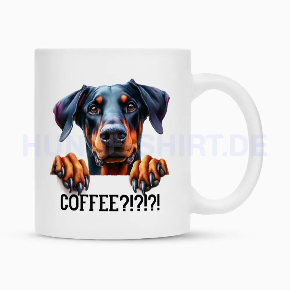 Tasse "Dobermann - Coffee?!" Weiß – hunde-shirt.de