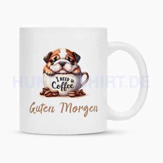 Tasse "Englisch Bulldog - Guten Morgen" Weiß – hunde-shirt.de