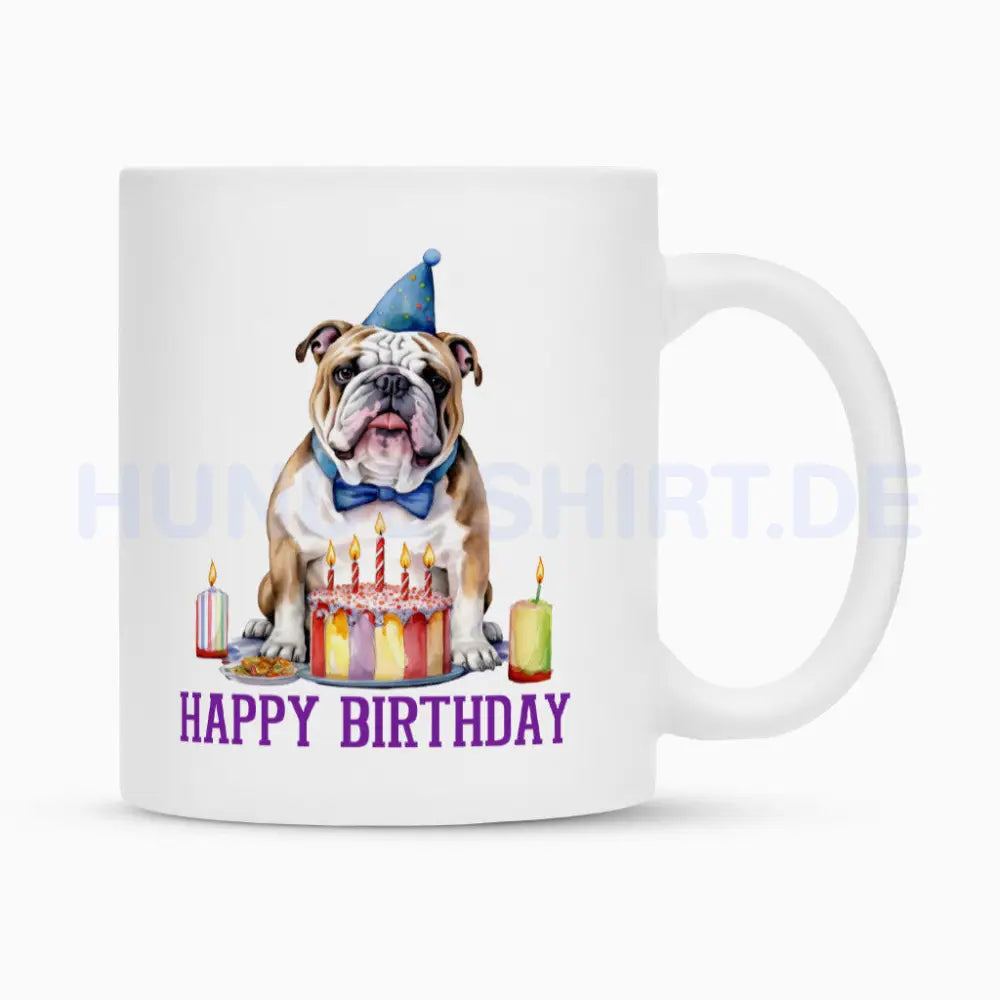 Tasse "English Bulldog - Happy Birthday" Weiß – hunde-shirt.de