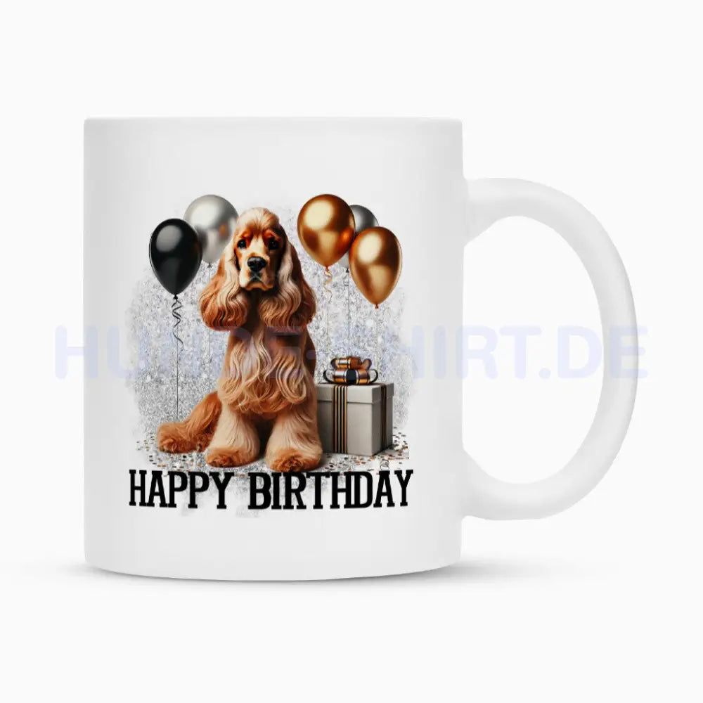 Tasse "English Cocker Spaniel - Happy Birthday" Weiß – hunde-shirt.de