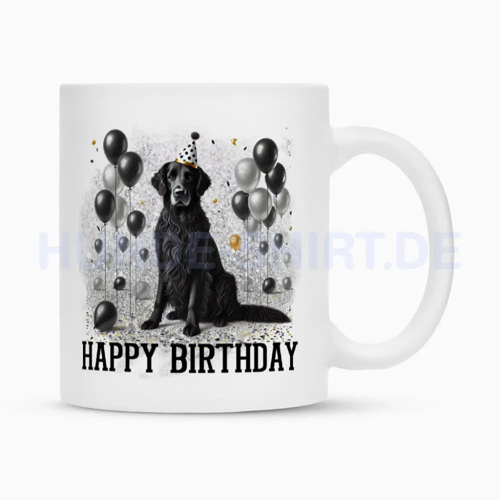 Tasse "Flat Coated ( schwarz ) - Happy Birthday" Weiß – hunde-shirt.de