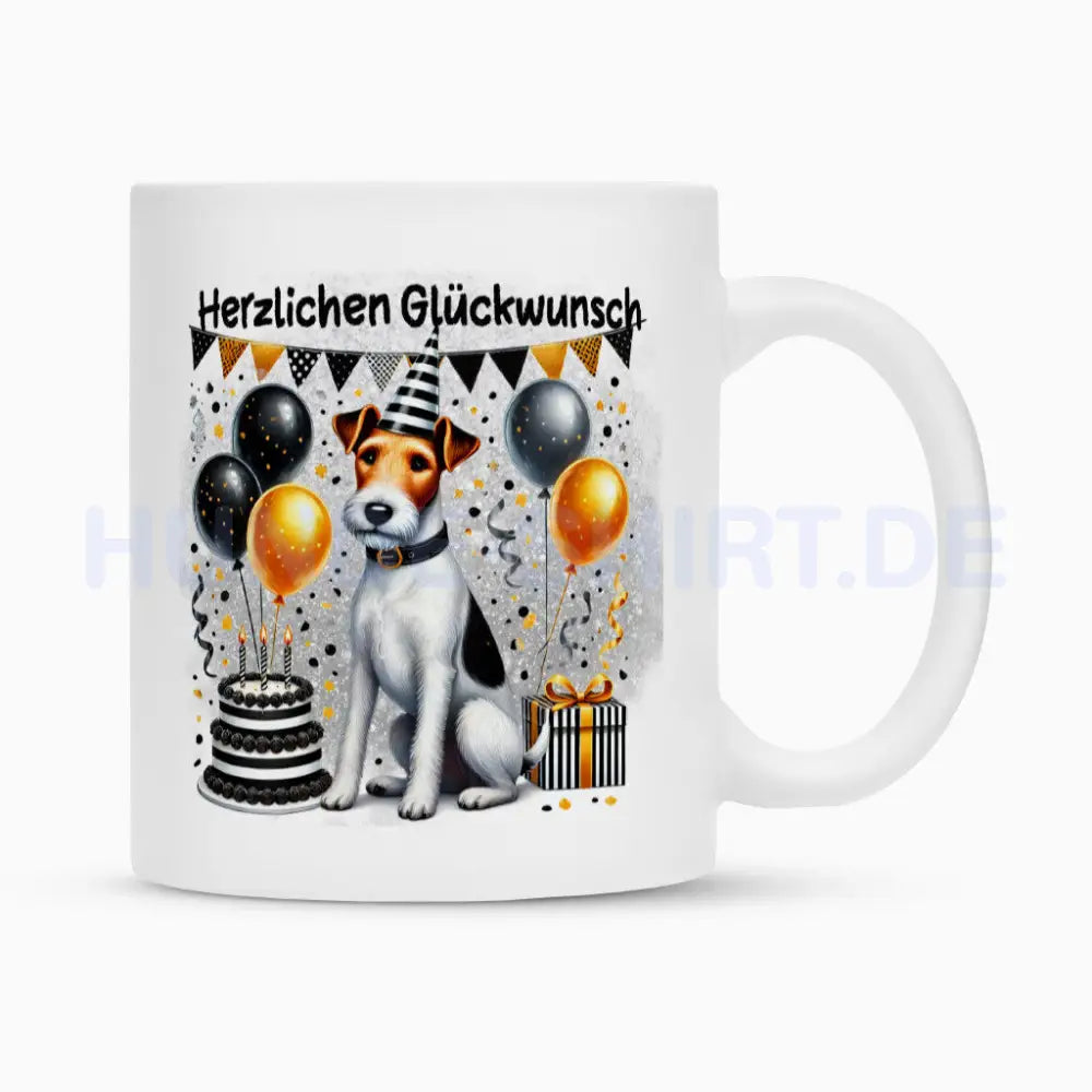 Tasse "Foxterrier ( Drahthaar ) - Glückwunsch" Weiß – hunde-shirt.de