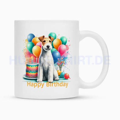 Tasse "Foxterrier ( Drahthaar ) - Happy Birthday" Weiß – hunde-shirt.de