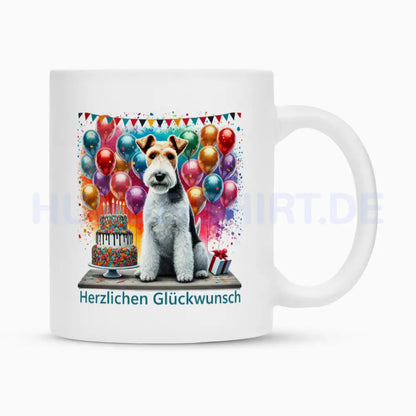 Tasse "Foxterrier ( Drahthaar ) - Herzlichen Glückwunsch" Weiß – hunde-shirt.de