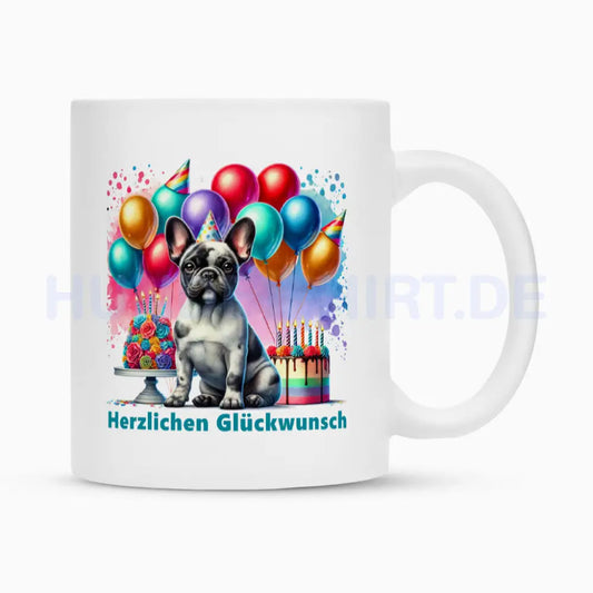 Tasse "Frenchie Merle - Herzlichen Glückwunsch" Weiß – hunde-shirt.de