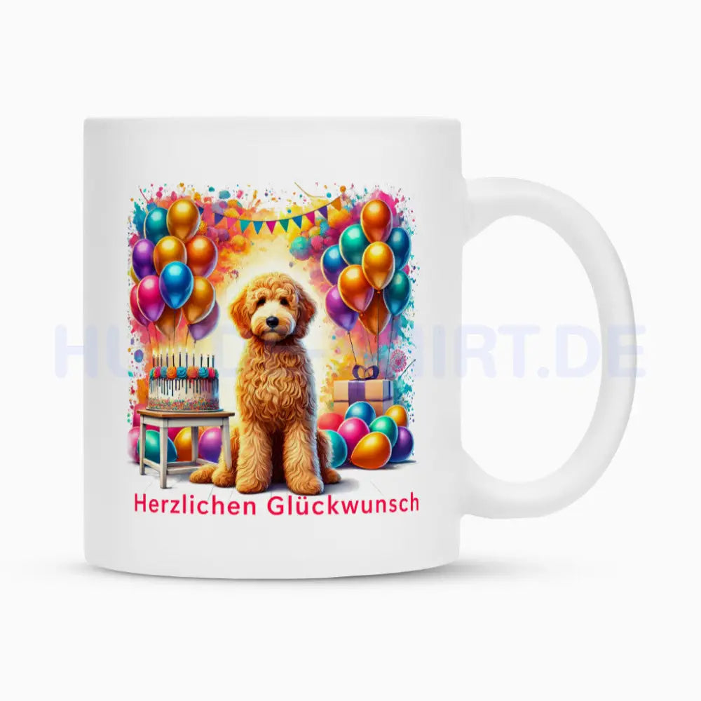 Tasse "Golden Doodle - Herzlichen Glückwunsch" Weiß – hunde-shirt.de