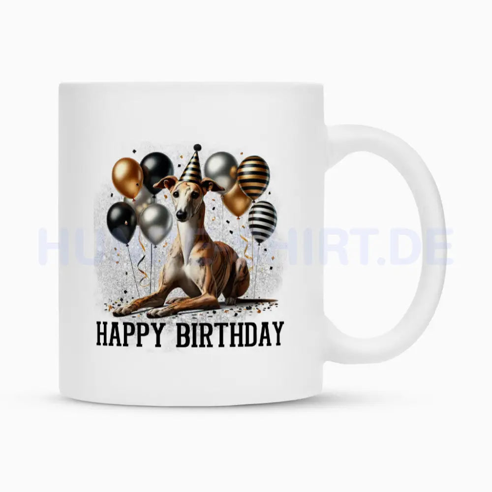 Tasse "Greyhound - Happy Birthday II" Weiß – hunde-shirt.de