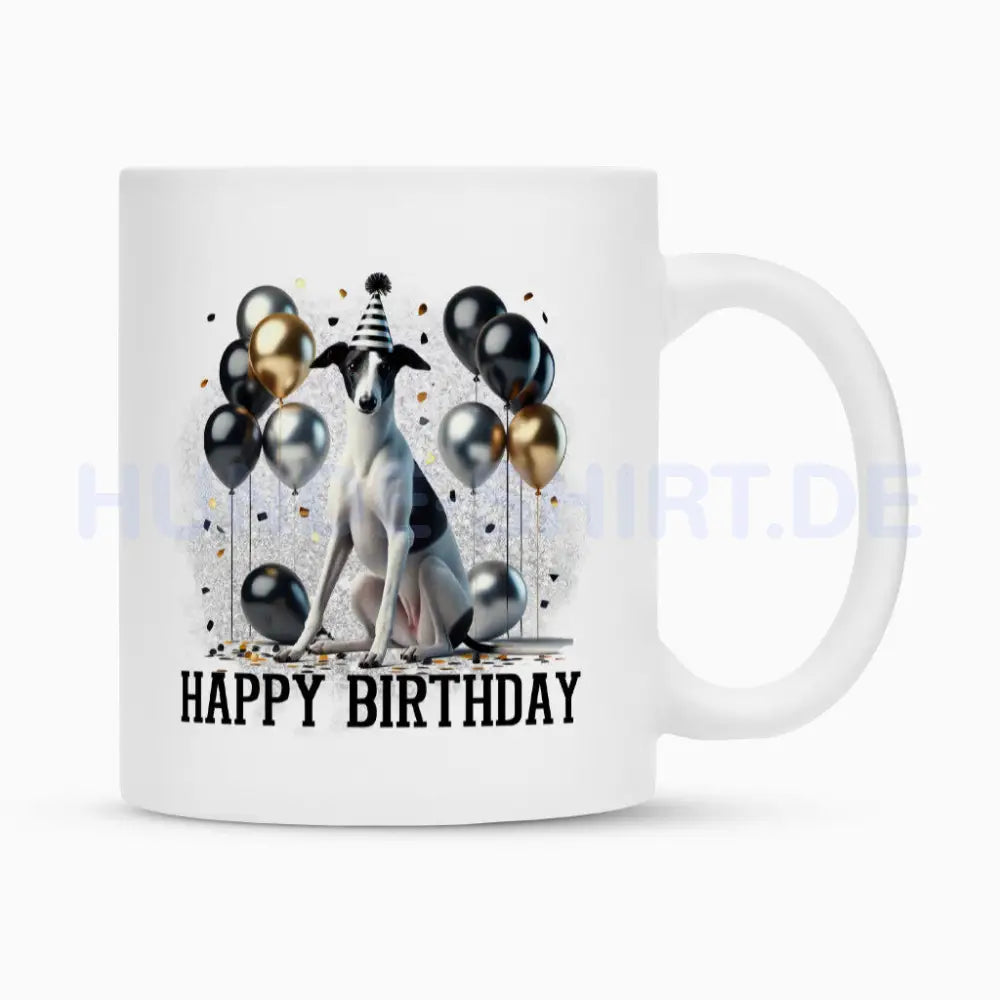 Tasse "Greyhound - Happy Birthday III" Weiß – hunde-shirt.de