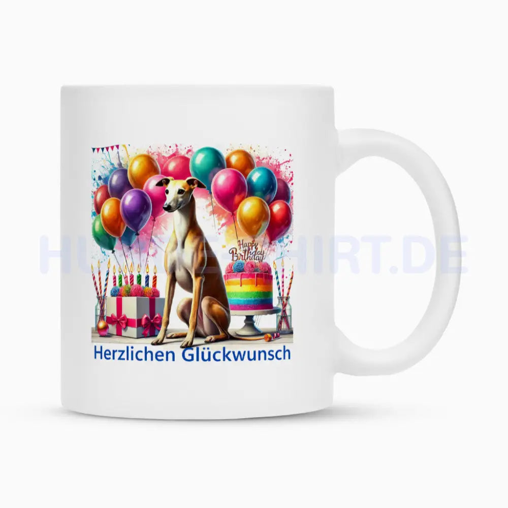 Tasse "Greyhound - Herzlichen Glückwunsch" Weiß – hunde-shirt.de