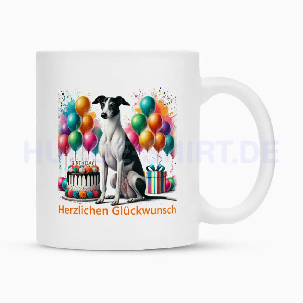 Tasse "Greyhound - Herzlichen Glückwunsch II" Weiß – hunde-shirt.de