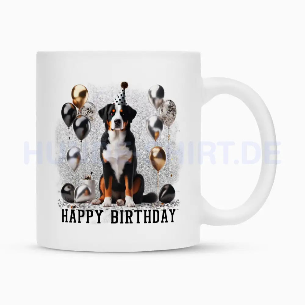 Tasse "Großer Schweizer Sennenhund - Happy Birthday" Weiß – hunde-shirt.de