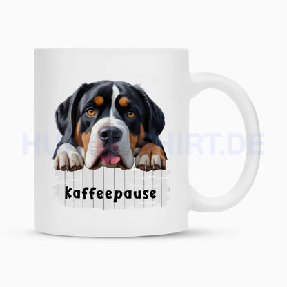 Tasse "Großer Schweizer Sennenhund - Kaffeepause" Weiß – hunde-shirt.de