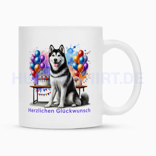 Tasse "Husky - Herzlichen Glückwunsch" Weiß – hunde-shirt.de