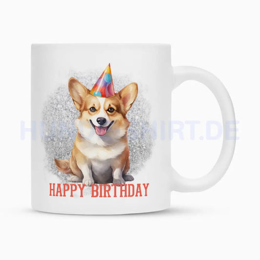 Tasse "Pembroke Welsh Corgi - Happy Birthday" Weiß – hunde-shirt.de