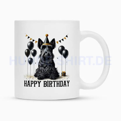 Tasse "Scottish Terrier - Happy Birthday" Weiß – hunde-shirt.de