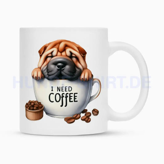 Tasse "Shar Pei - I need coffee" Weiß – hunde-shirt.de