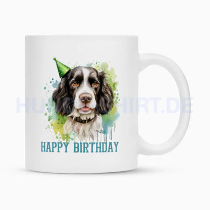 Tasse "Springer Spaniel - Happy Birthday BLUE" Weiß – hunde-shirt.de