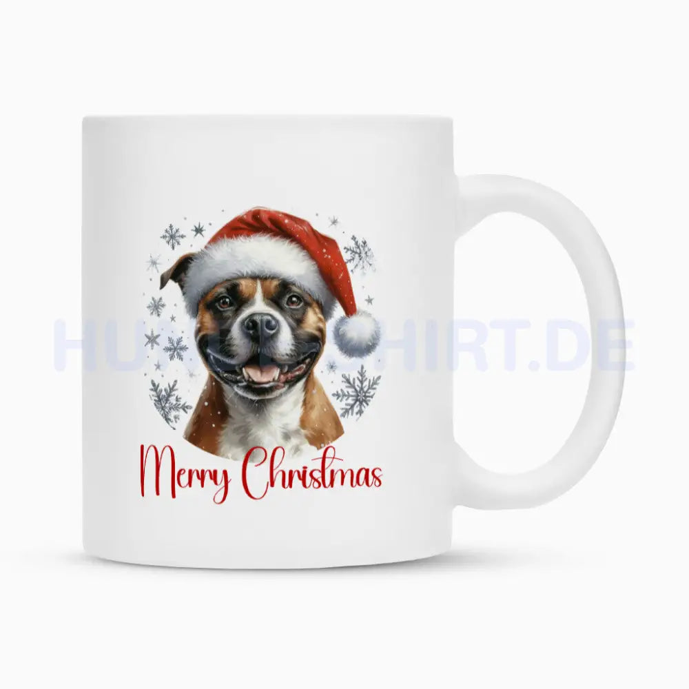 Tasse "Staffordshire - Merry Christmas" Weiß – hunde-shirt.de